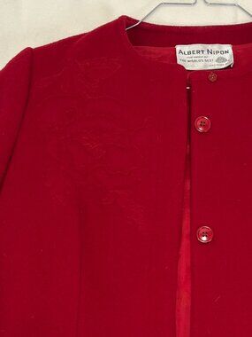 Vintage 80s Albert Nipon Red Wool Blazer Size 6 Floral Stitching ILGWU USA